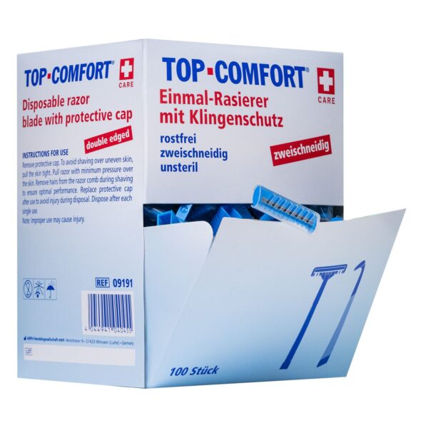 TOP-COMFORT Einmal-Rasierer zweischneidig, blau, Box à 100 Stück
