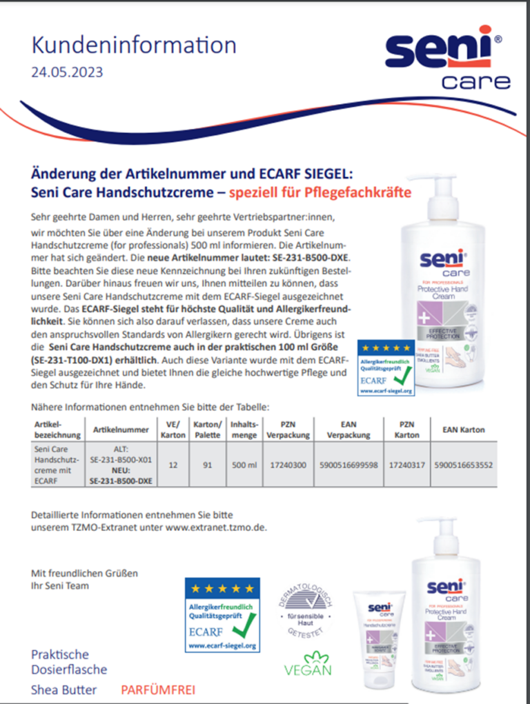 Änderung der Artikelnummer und ECARF SIEGEL: Seni Care Handschutzcreme – speziell für Pflegefachkräfte